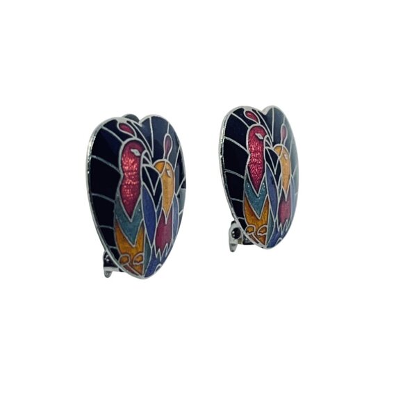 Vintage Silver Tone & Enamel Heart Shaped Peacock Clip On Earrings (5869) - Picture 4 of 5